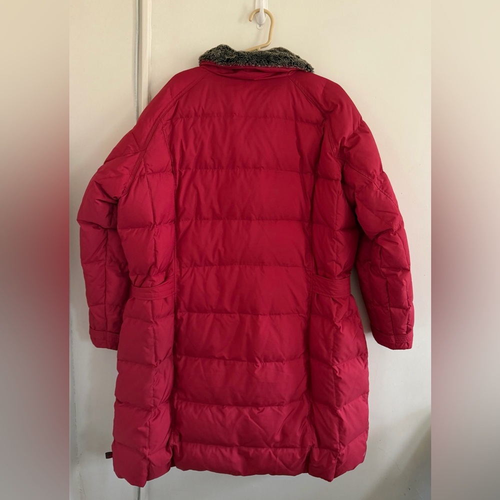 Woolrich Quilted Jacket Long Duck Down Insulated Fur Collar Belted 2XL ruby red - Picture 2 of 14